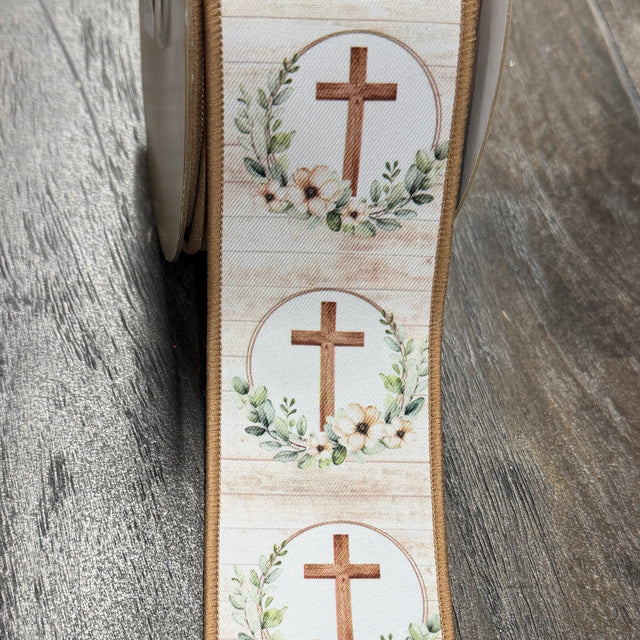 2.5"X10YDS Brown/Taupe/Green Floral Crosses Ribbon