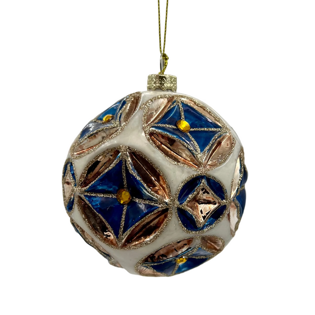 4.5" Blue/Gold Gilded Etched Chinoiserie Ball Ornament