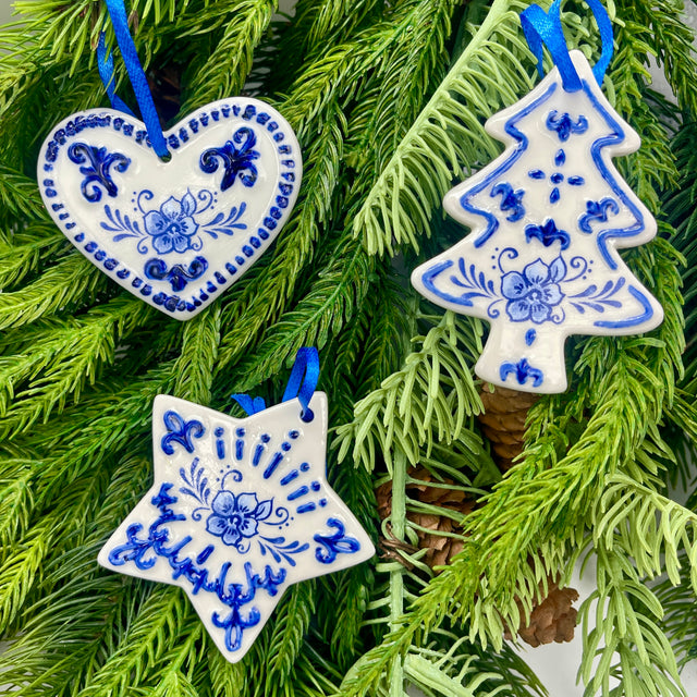 3" Delft Blue Ornament | Heart, Tree, or Star