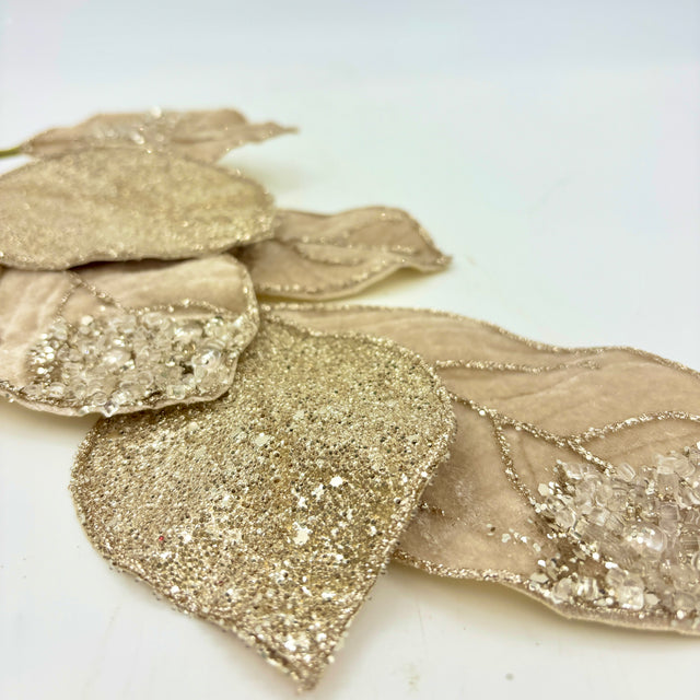 26" Champagne Velvet with Glitter Leaf Spray