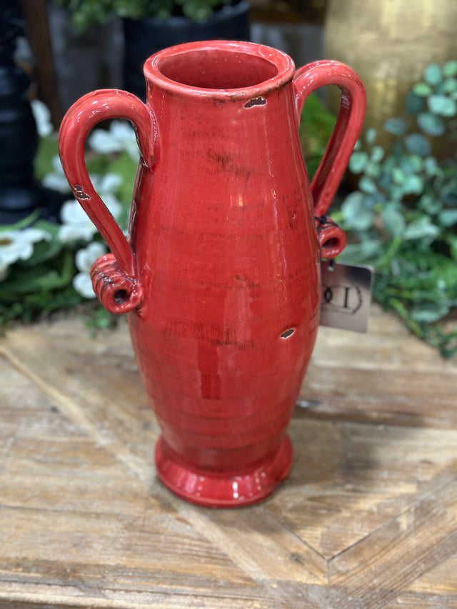 13" Red Glazed Handled Urn