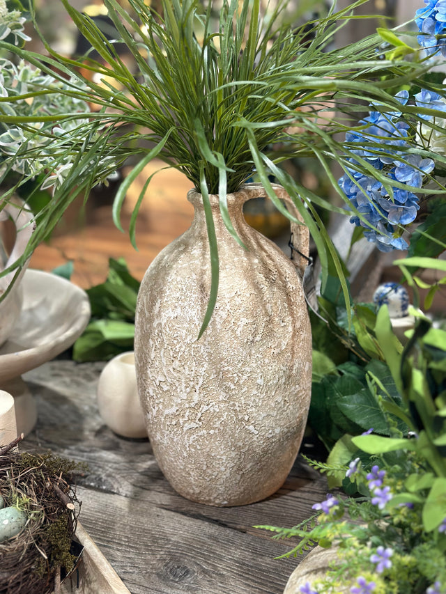 13” Handmade Aged Taupe Clay Jug Decorative Vase Container