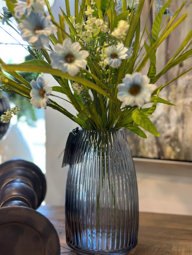 8.25” Ribbed Blue Gray Glass Vase