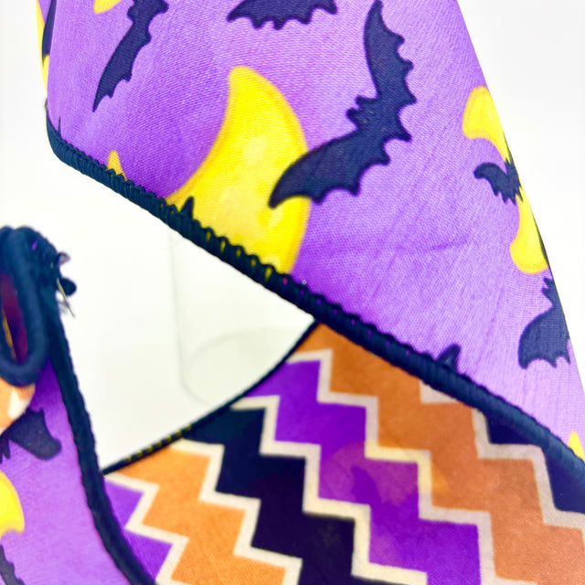 4" x 10 YDS Dupion Halloween Bats/Moon Ribbon with Chevron Backing