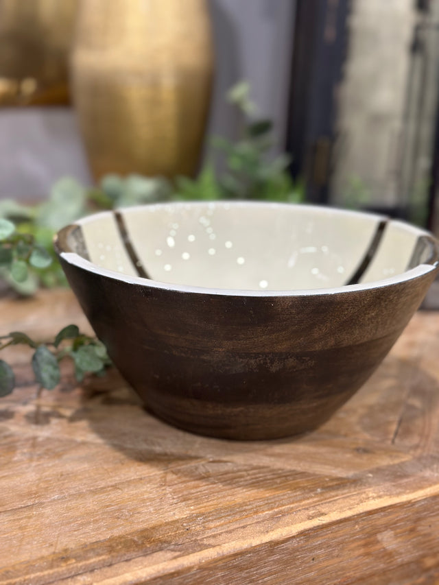 9.5” Round Mango Wood Enameled Striped Bowl