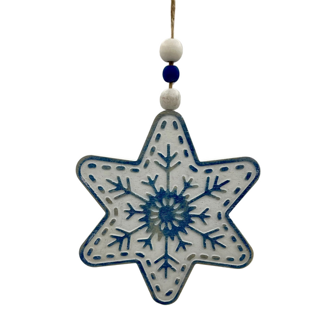 6" White/ Blue Wooden Snowflake with Beaded Hanger