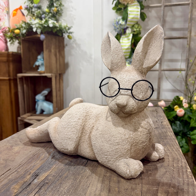 15" Resin Resting Bunny w/Metal Glasses Outdoor