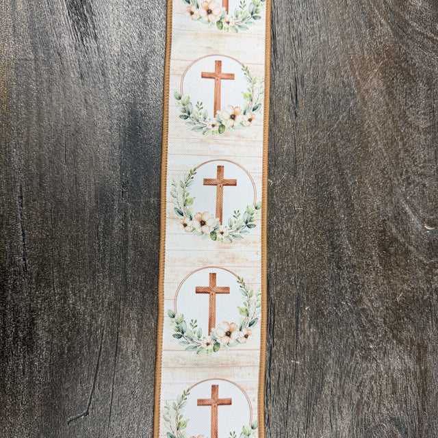 2.5"X10YDS Brown/Taupe/Green Floral Crosses Ribbon