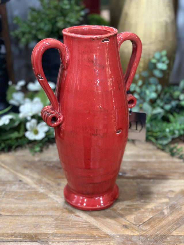 13" Red Glazed Handled Urn