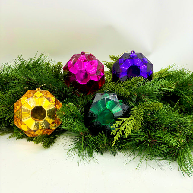 4"-5" Purple Jewel Glitter Ornaments- Set of 4