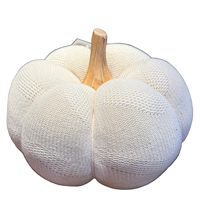 8.25"/6.5" Cream Knit Pumpkins with Wood Stem | Set of 2