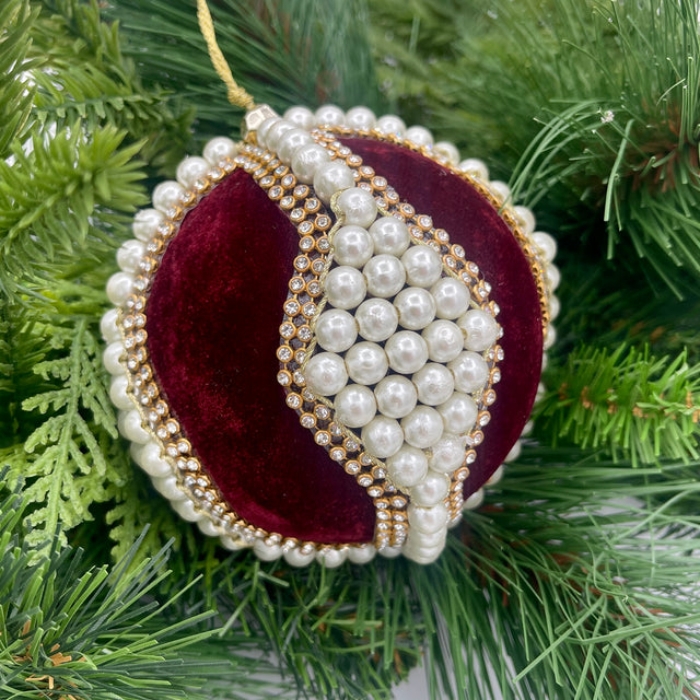 4" Burgundy Velvet with Pearl/Jewel Ball Ornament