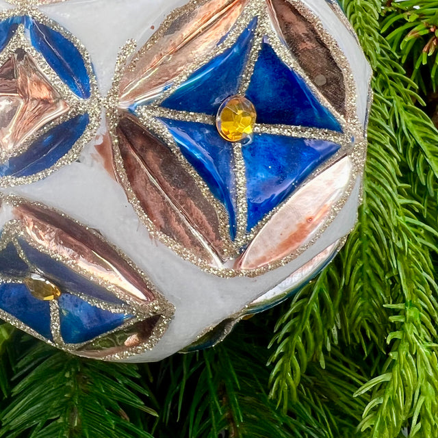 4.5" Blue/Gold Gilded Etched Chinoiserie Ball Ornament