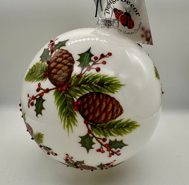 6"Milk Glass Pine and Holly Branch Ball Ornament