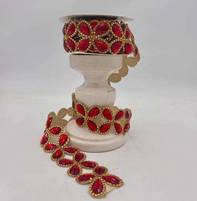 2.5"x 5YDS Red/Gold Jewel Floret Trim Ribbon