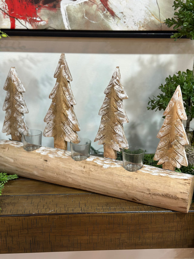 14.5"Carved Wood Fir Forest Votive Holder