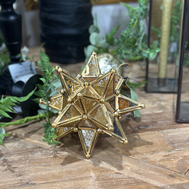 6” Gold Metal/Glass Star Lantern