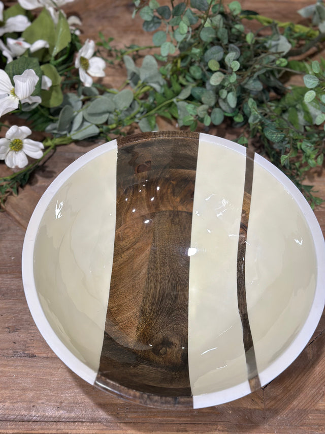 12” Round Mango Wood Enameled Striped Bowl