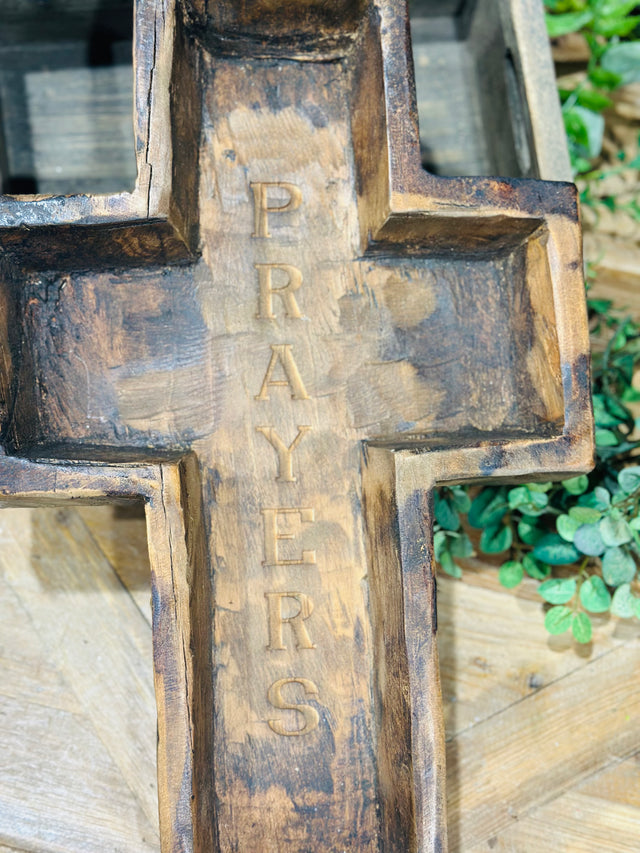 17.75" Large Wood Cross Bowl Engraved Prayers