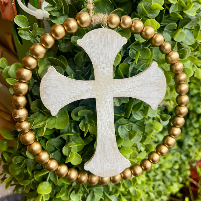 6" Wooden Bead and Cross Ornament | Gold and Ivory