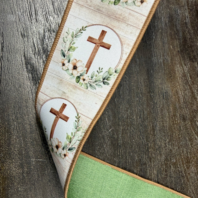 2.5"X10YDS Brown/Taupe/Green Floral Crosses Ribbon