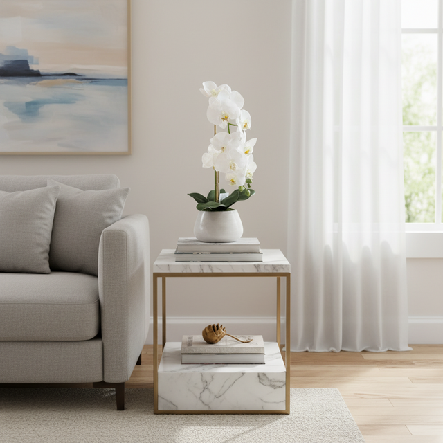24" Natural Touch Phaleanopsis Orchid in Cement Pot White