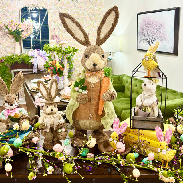 12.25" Sisal Dressed Boy Girl Bunny w/Basket (Sold Individually)