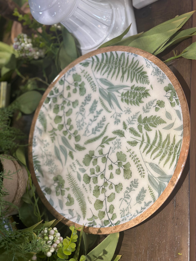 12” Wooden Plate With Fern Enamel Inside