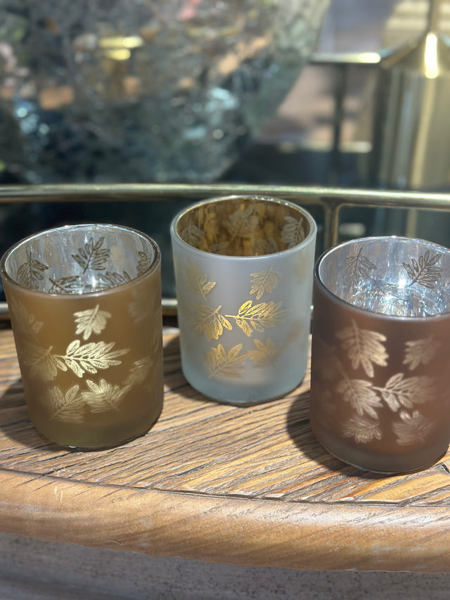 3" Tealight Candle Holder Glass Matte Laser Leaves