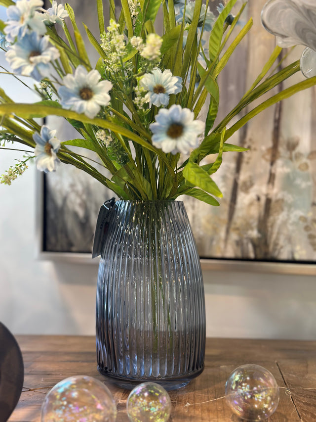 8.25” Ribbed Blue Gray Glass Vase