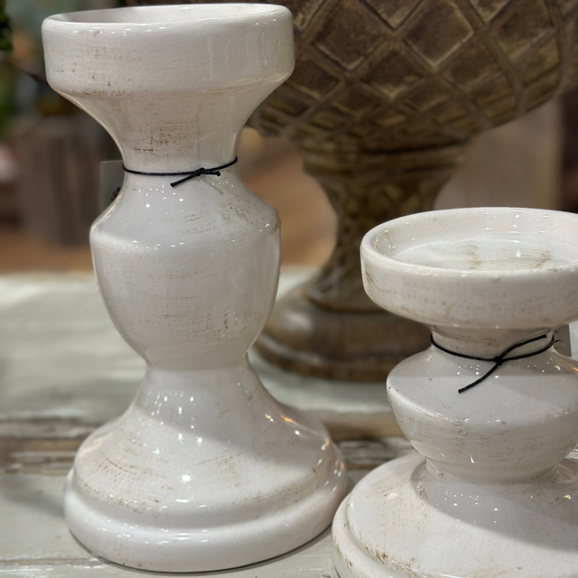 10" & 6.5" Cream Ceramic Candle Holders Set of 2
