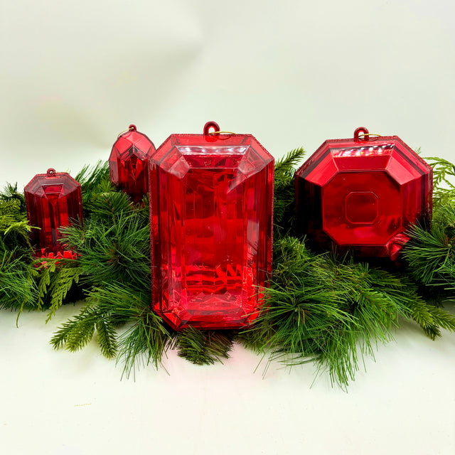 4" Red Precious Round/Square Gem Ornament-Set of 2