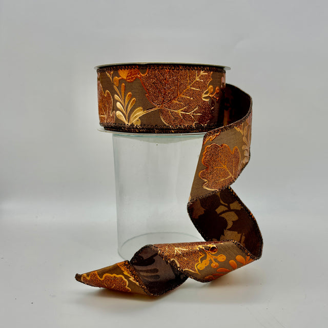 1.5" Copper Leaves and Acorns Metal Wired Edge Ribbon- 10 Yards