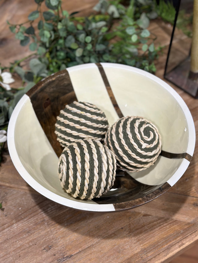 12” Round Mango Wood Enameled Striped Bowl