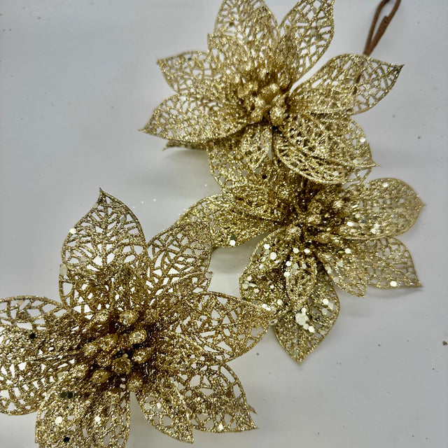 19" Champagne Glitter Triple Poinsettia Spray