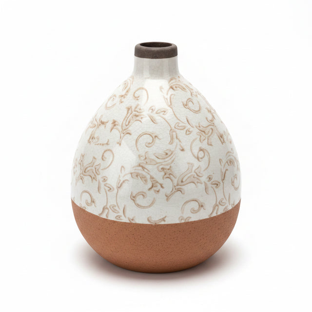 8" Cream Ceramic Vase with Tan Floral Pattern Extra