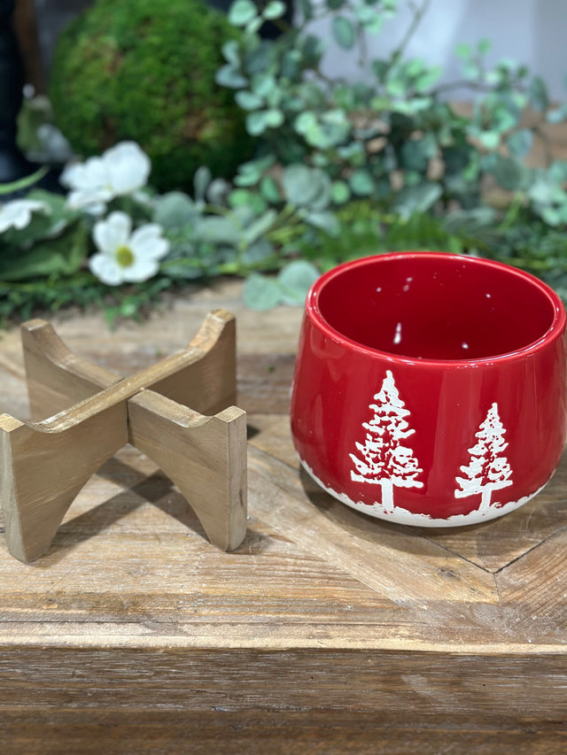 6.75" Red Ceramic Christmas Planter on Wood Stand