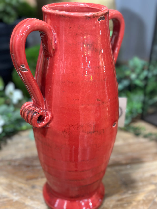 13" Red Glazed Handled Urn