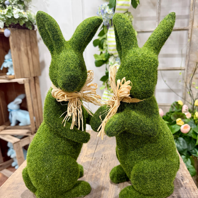 16" Moss Rabbit w/Raffia Bow | Easter Bunny Decor (Sold Individually)
