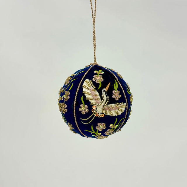 3.5" Velvet Beaded/Embroidered Crane Floral Ball Ornament