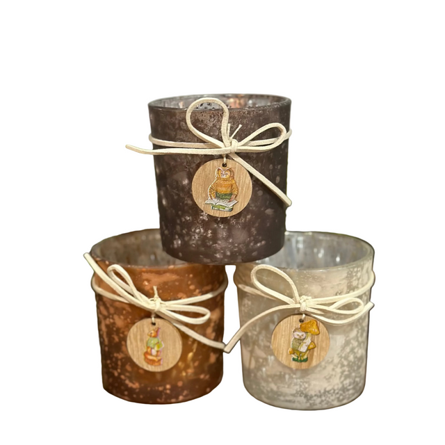 3" Tealight Candle Holder | Glass Antique With Tag With Woodland Animal