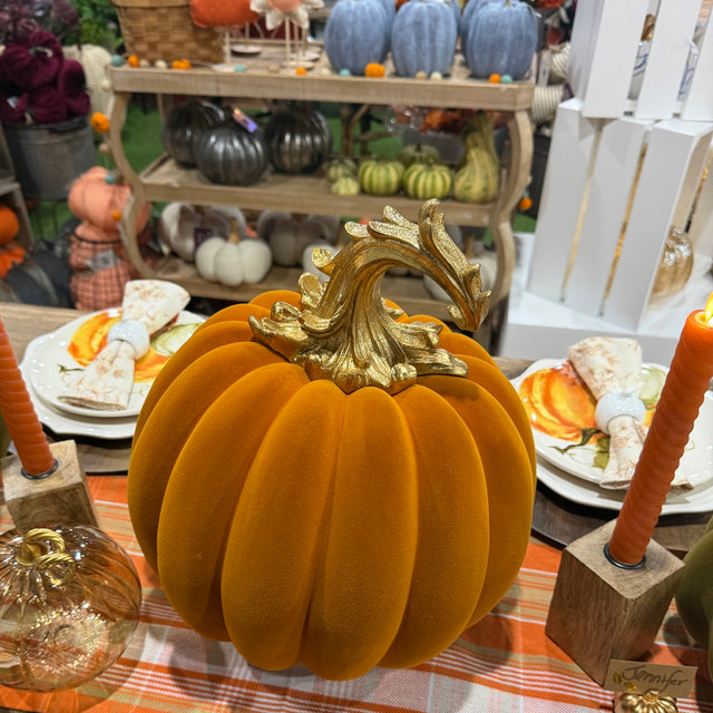 14.5" Orange Velvet Pumpkin with Gold Filigree Stem