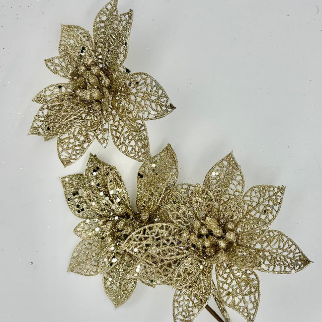 19" Champagne Glitter Triple Poinsettia Spray