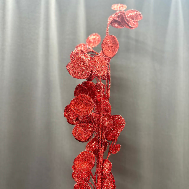 30" Red Glitter Lunaria Leaf Spray
