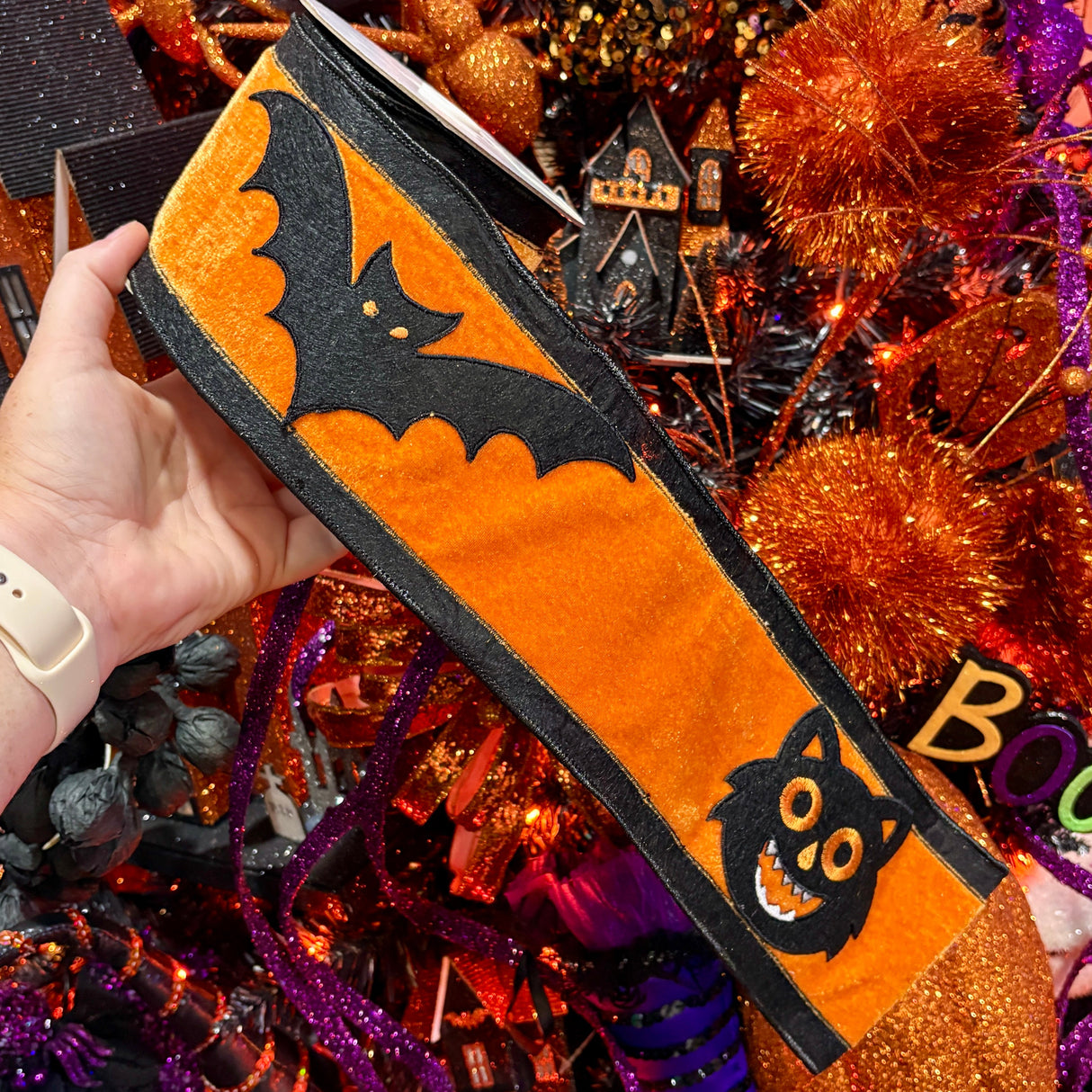 4" x 5YDS Halloween Black Cat/Bat Velvet Ribbon in Orange & Black