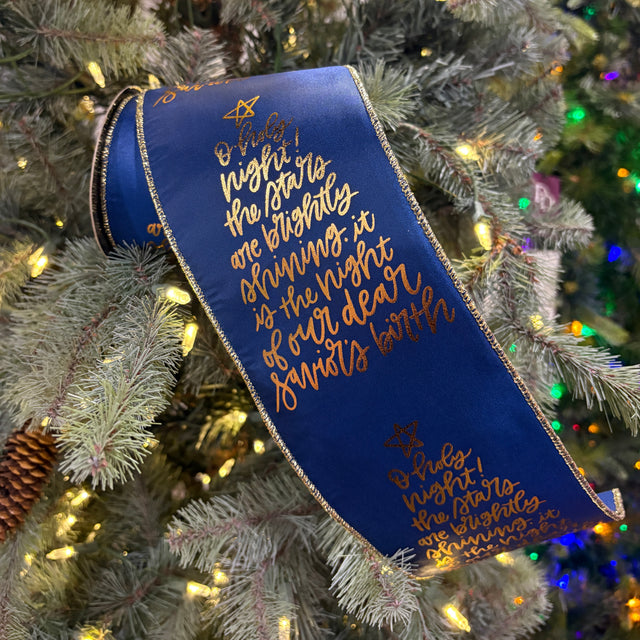 4" x 10 Yards Navy Blue & Gold Taffeta "Oh Holy Night" Ribbon
