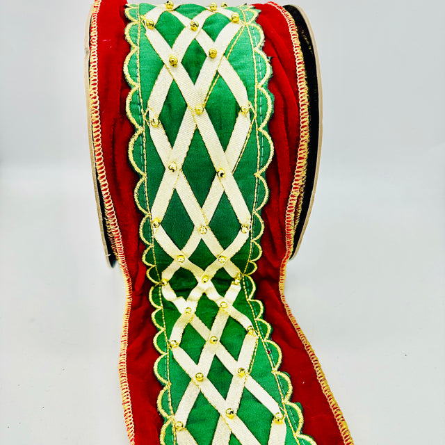 4" Red/Green/Gold Velvet Cross Grain Ribbon- 5 Yards