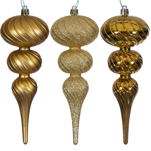 8" Gold Swirl Finial Ornament Assortment. Two matte, two shiny, and two glitter