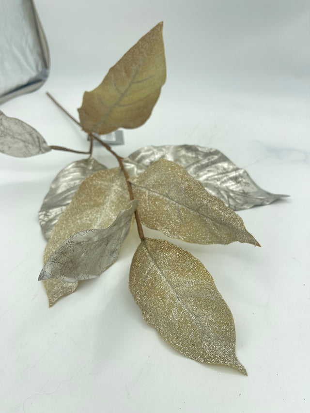 32" Platinum Gold Sparkle Metallic Magnolia Leaf Spray