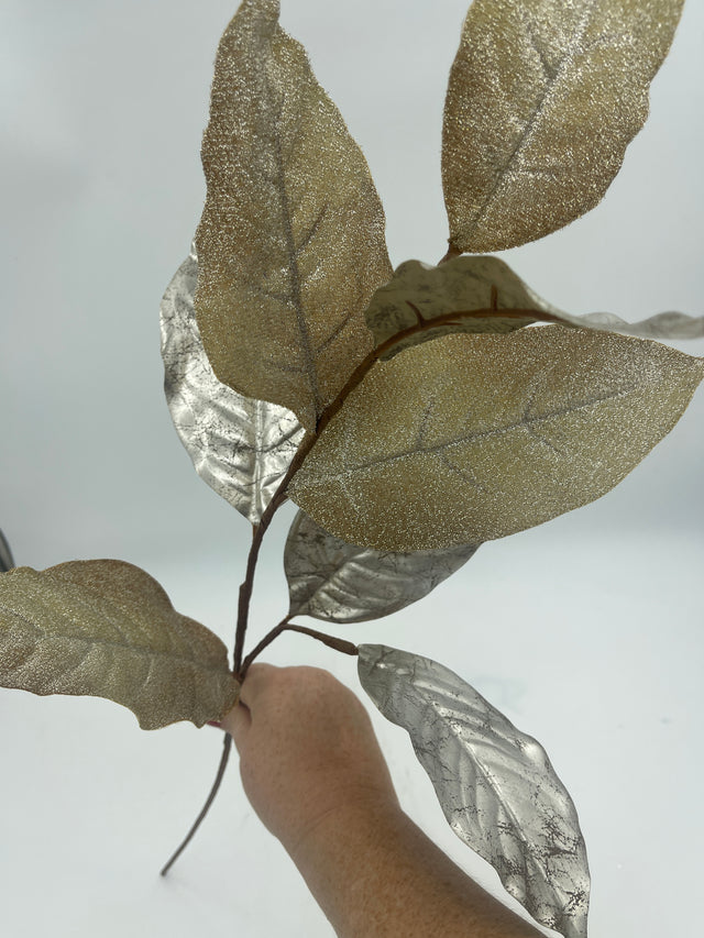 32" Platinum Gold Sparkle Metallic Magnolia Leaf Spray